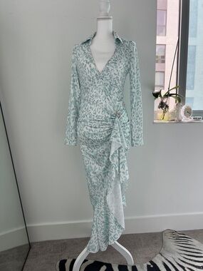 Light Aqua Leopard Print Wrap Midi Dress